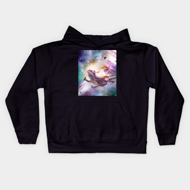 Space Cat Riding Bearded Dragon Lizard Kids Hoodie by Random Galaxy